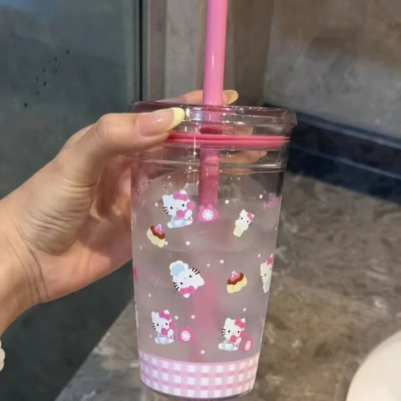 Hello Kitty Pink Straw Cup Large Capacity Transparent Water Bottle