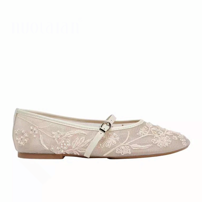 Women Mesh Embroidery Mary Jane Ballet Flats Buckle Breathable Soft Low Heel Shoes