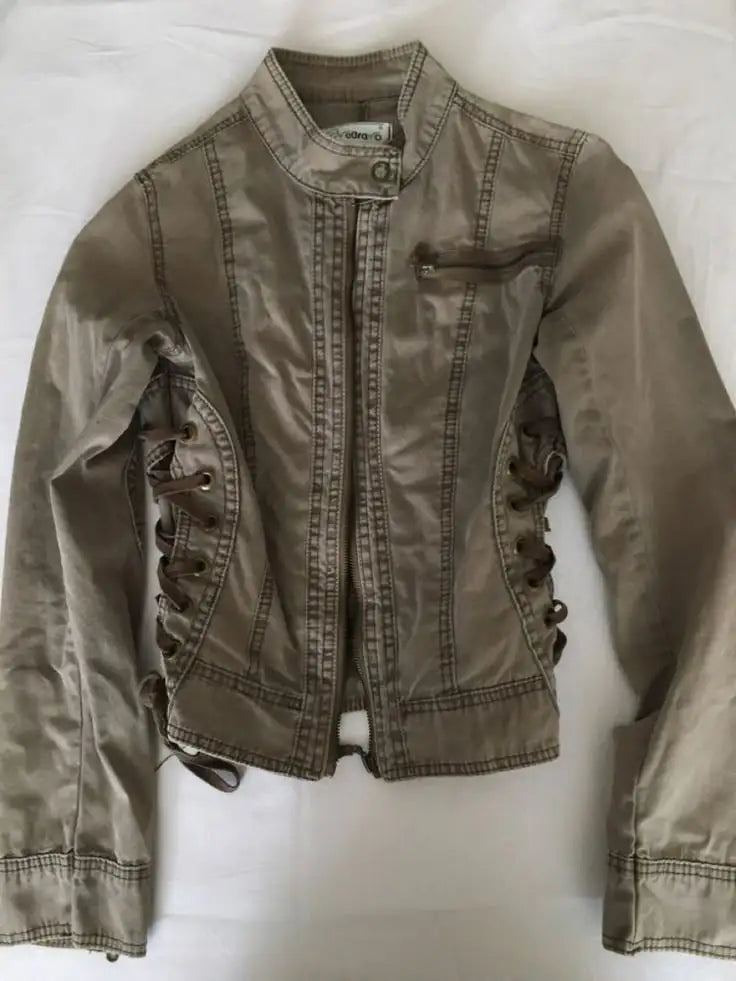 Women Y2K Army Green Denim Jacket Slim Fit Zipper Stand Collar Short Coat