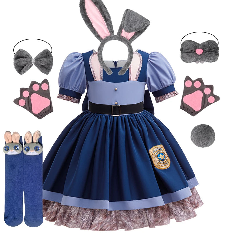 Girls Judy Bunny Police Officer Zootopia Cosplay Costume Dress with Accessories