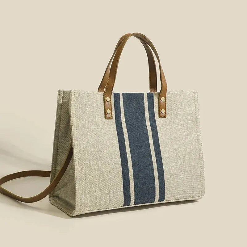 Canvas Stripe Bucket Tote Bag Large Capacity Women Handbag