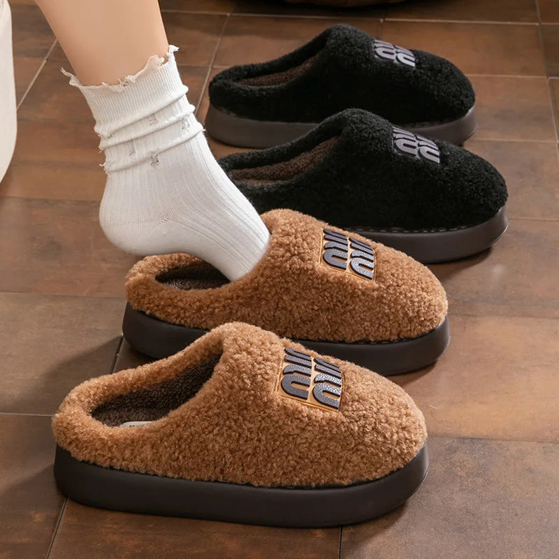 Women Plush Cotton Slippers Thick Sole Winter Indoor Warm Non Slip Home Shoes