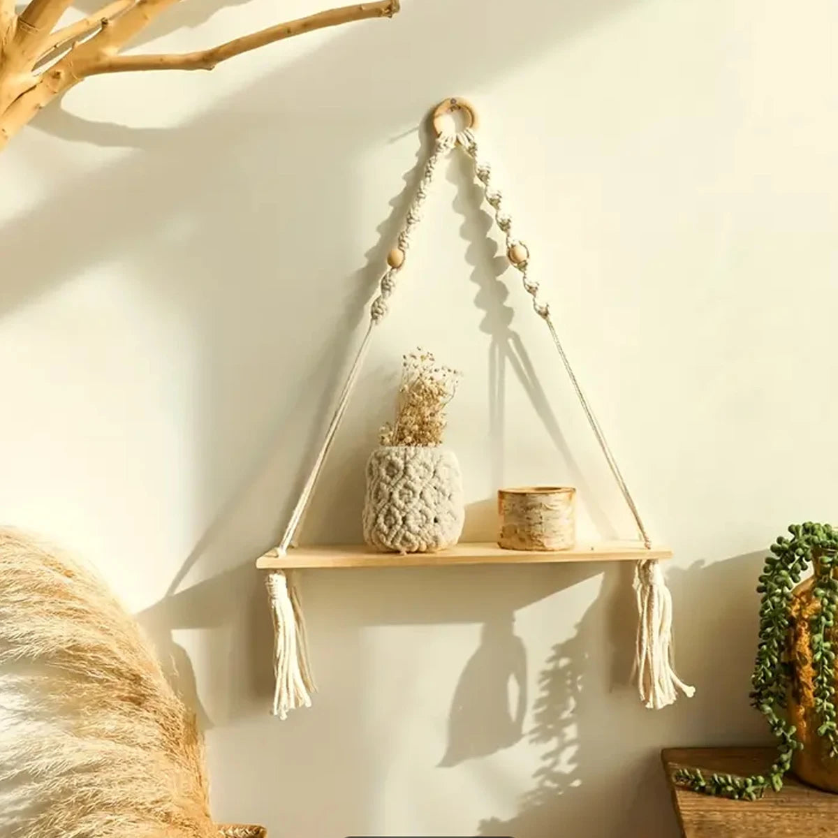 Macrame Hanging Shelf Boho Wall Decor Rustic Wood Floating Shelf