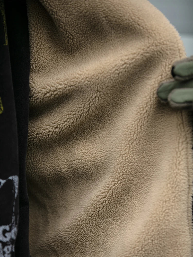 Men Vintage Polar Fleece Jacket Thick Winter Warm Loose Fit Streetwear Coat