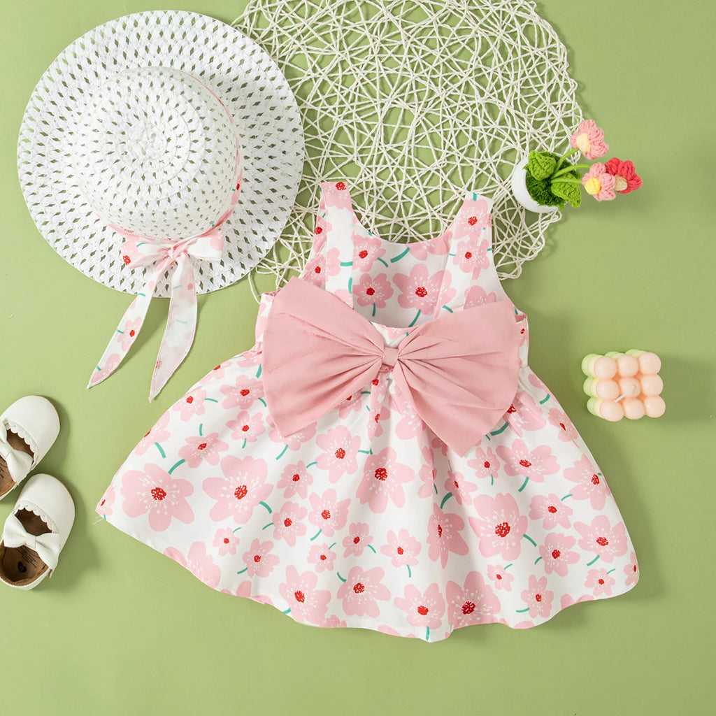 Baby Girl Floral Summer Dress Sleeveless Bow Outfit with Hat 0–2 Years