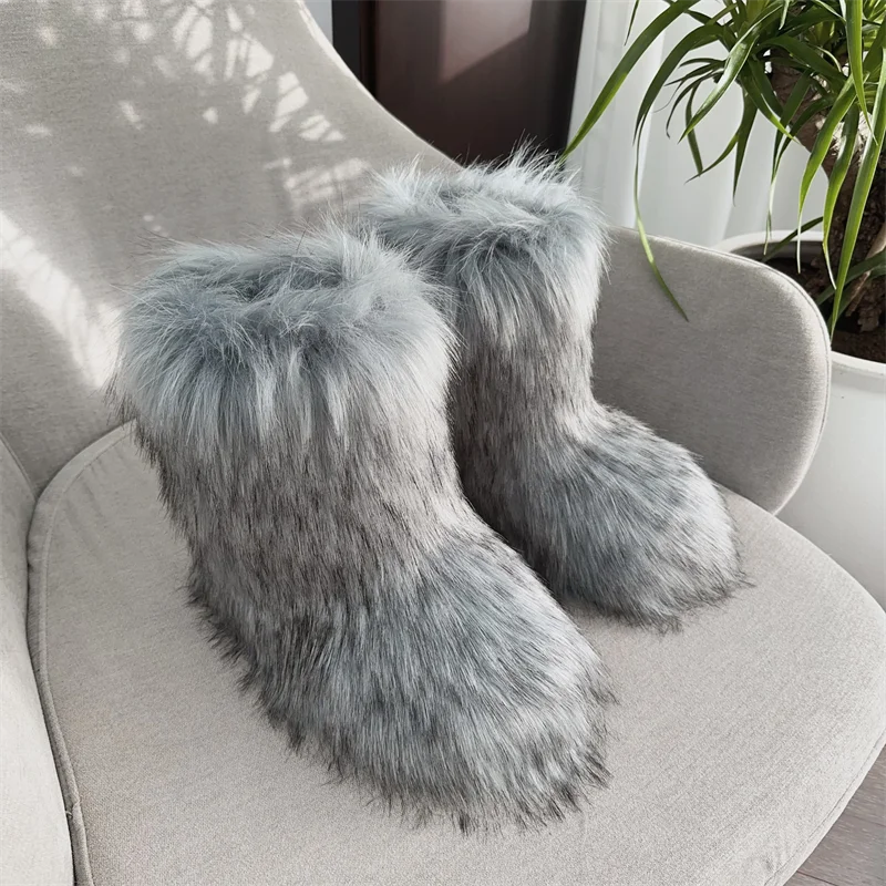 Women Fur Snow Boots Warm Mid Calf Winter Shoes