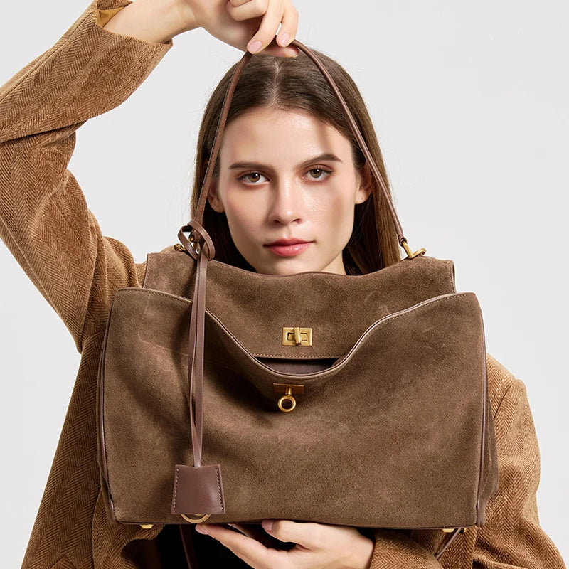 Women Suede Leather Tote Bag Large Capacity Shoulder Handbag
