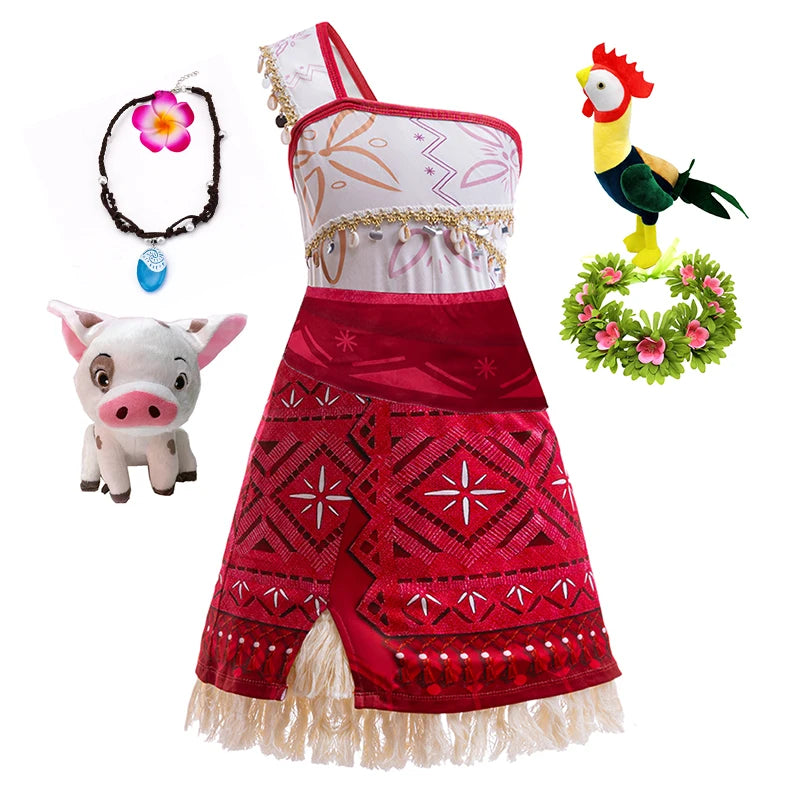 Girls Moana 2 Adventure Princess Costume Dress Halloween Outfit Vaiana Pet Pig Set