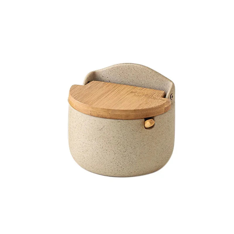 Ceramic Seasoning Jar with Bamboo Lid Spoon Salt Sugar Spice Storage Container