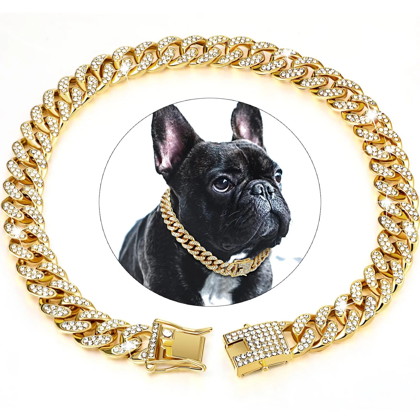 Diamond Cuban Chain Dog Collar Metal Walking Pet Jewelry Secure Buckle Accessories