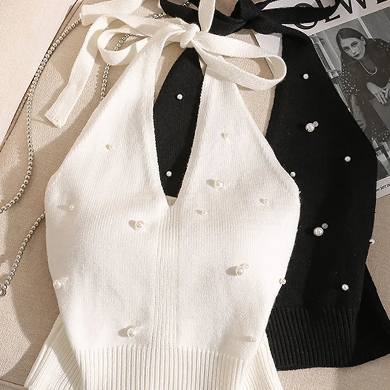 Beaded Halter Neck Knitted Vest for Women Backless Tie Knot Top