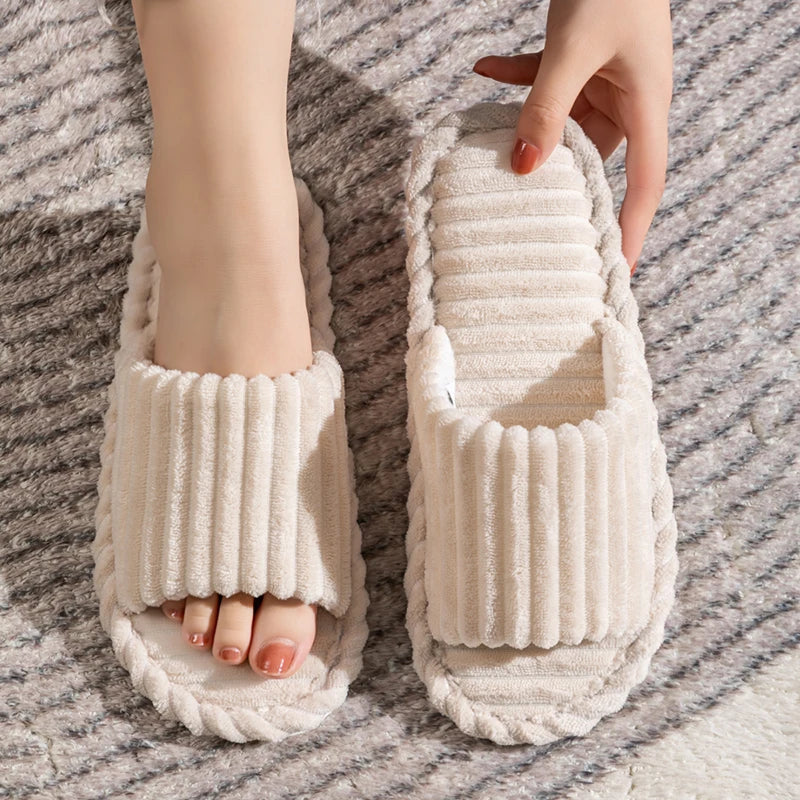 Corduroy Open Toe Slippers Unisex Cozy Indoor Home Slides Soft Anti-Slip Minimalist Shoes