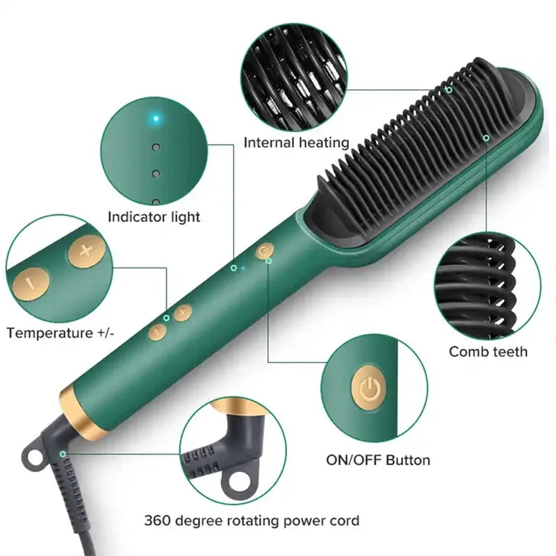 Electric PTC Heating Brush 3-in-1 Hair Dryer Straightener Curler Ceramic Flat Iron Comb