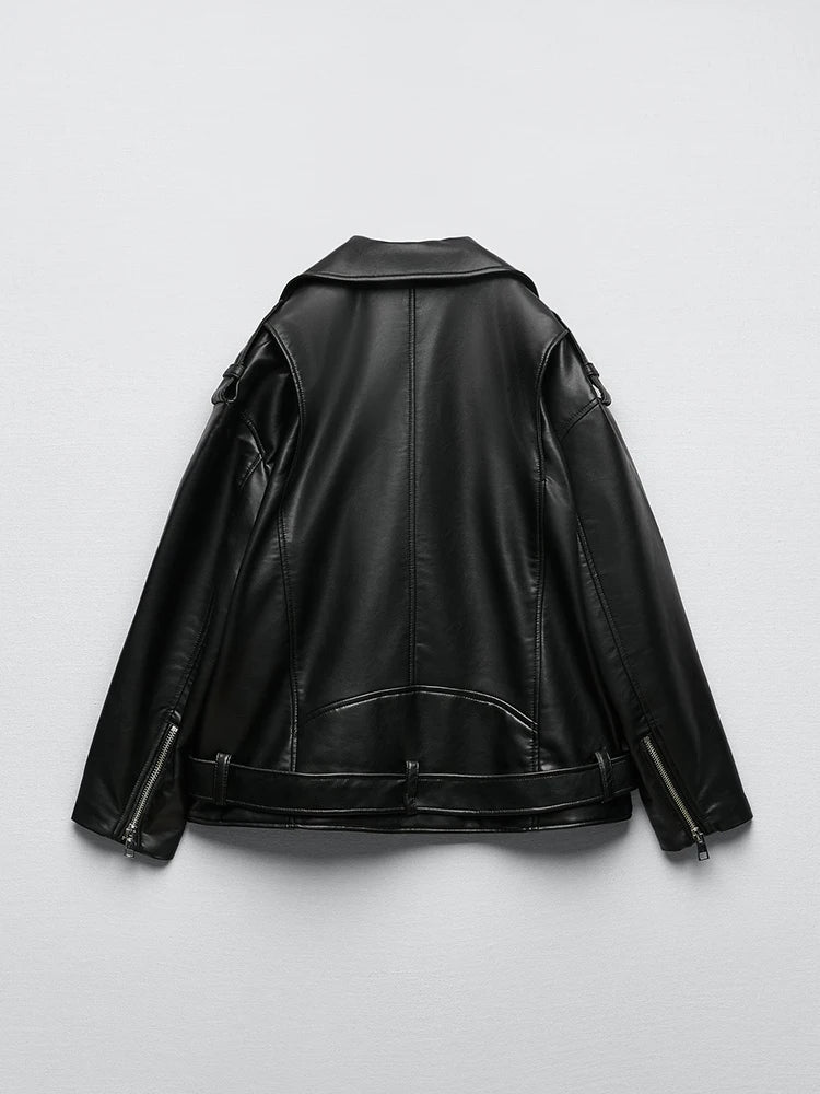Women Black PU Leather Biker Jacket Belted Zipper Loose Fit Spring Autumn Coat