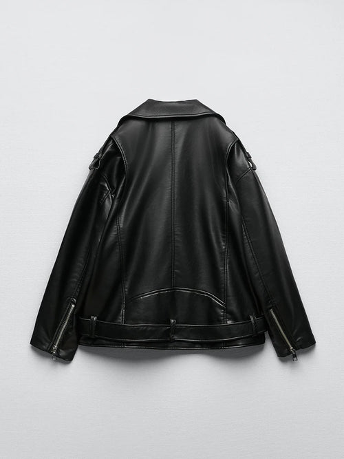 Women Black PU Leather Biker Jacket Belted Zipper Loose Fit Spring Autumn Coat