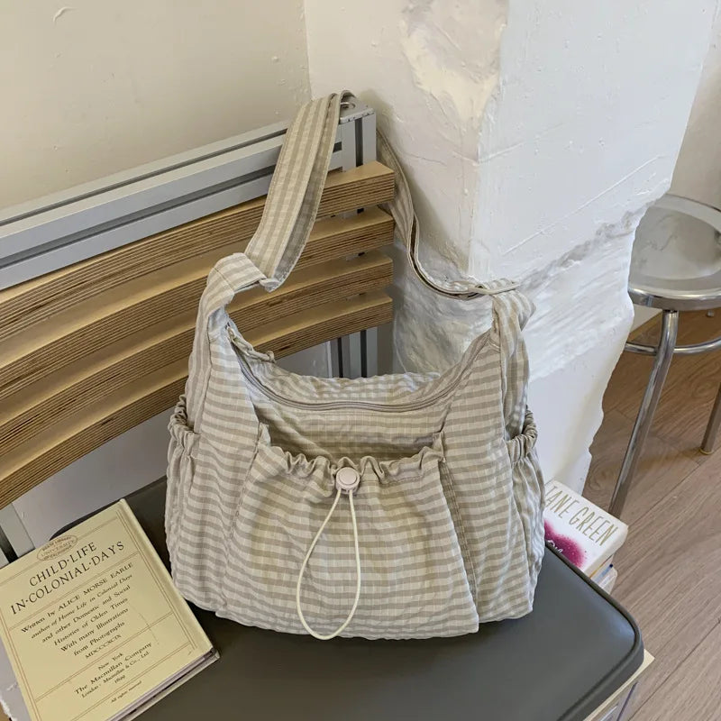 Nylon Shoulder Bag Plaid Tote Crossbody Drawstring Cloud Commuter Bag