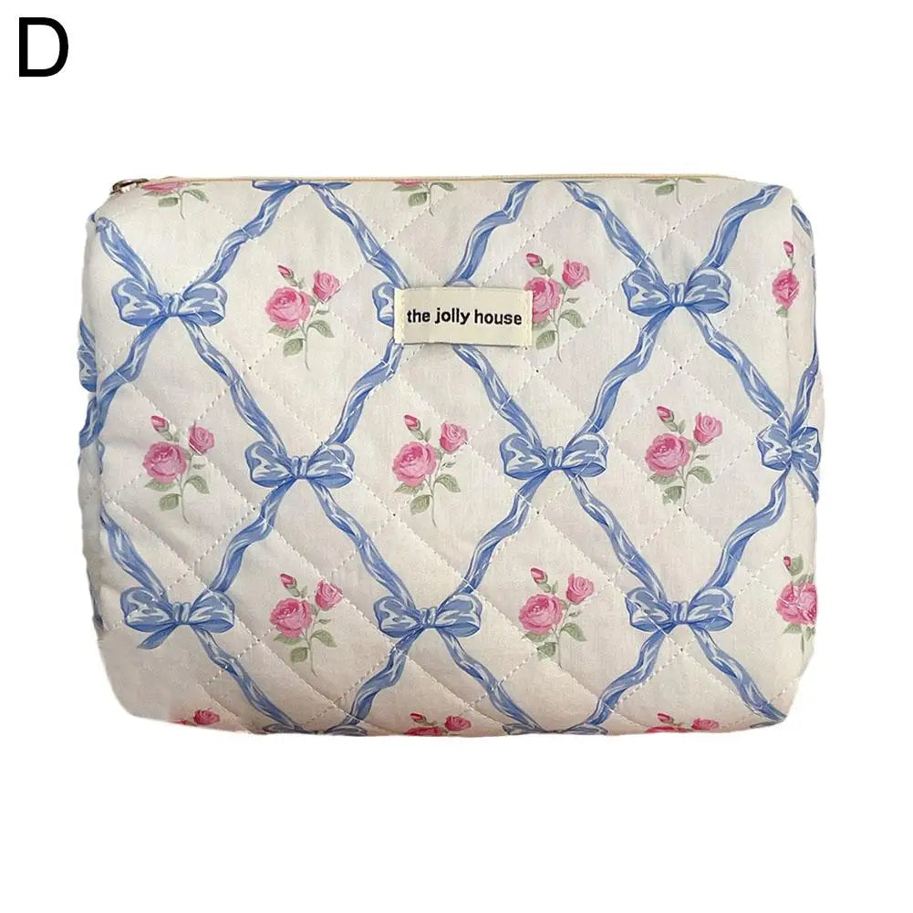 Women Quilted Makeup Bag Cute Bow Flower Zipper Cosmetic Organizer Toiletry Case