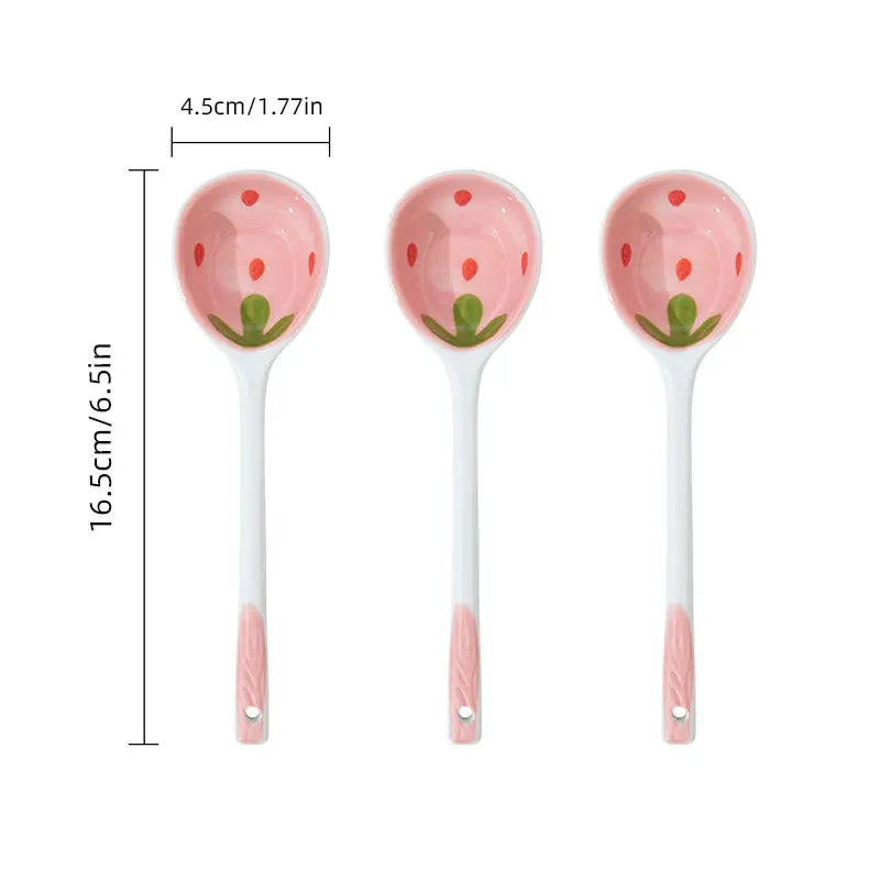Kawaii Strawberry Ceramic Long Handle Spoon Kitchen Utensil