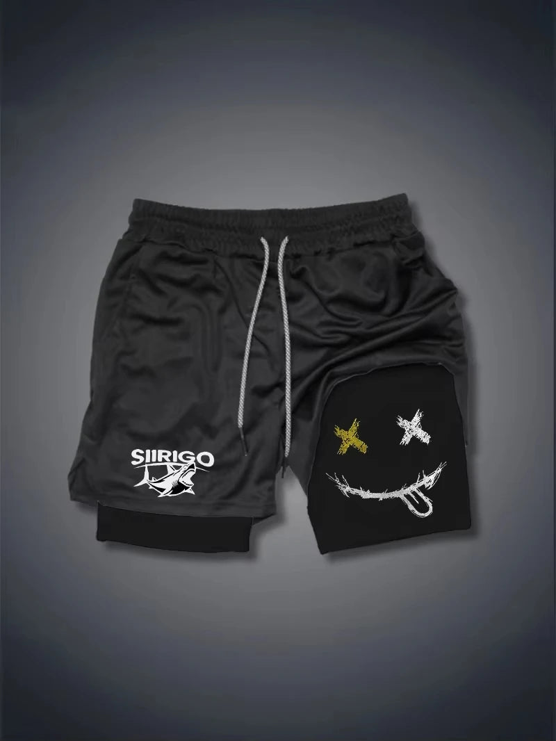 Men 2-in-1 Smiley Print Running Shorts Quick Dry Double Layer Fitness Training Sports Shorts