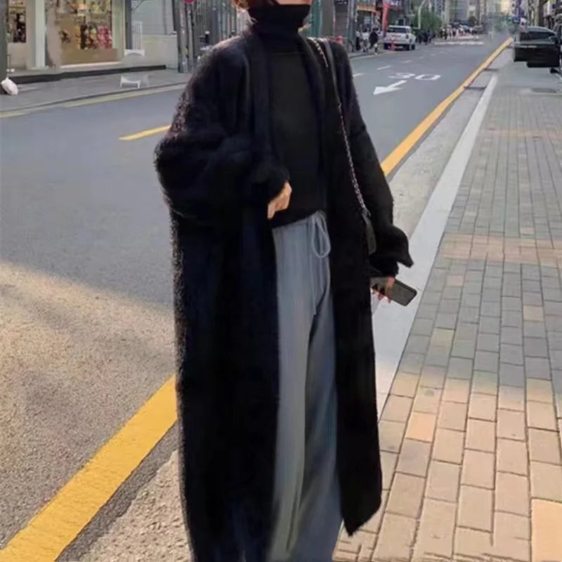 Women Loose Fit Knit Coat Knee Length Faux Fur Long Sleeve Warm Winter Jacket