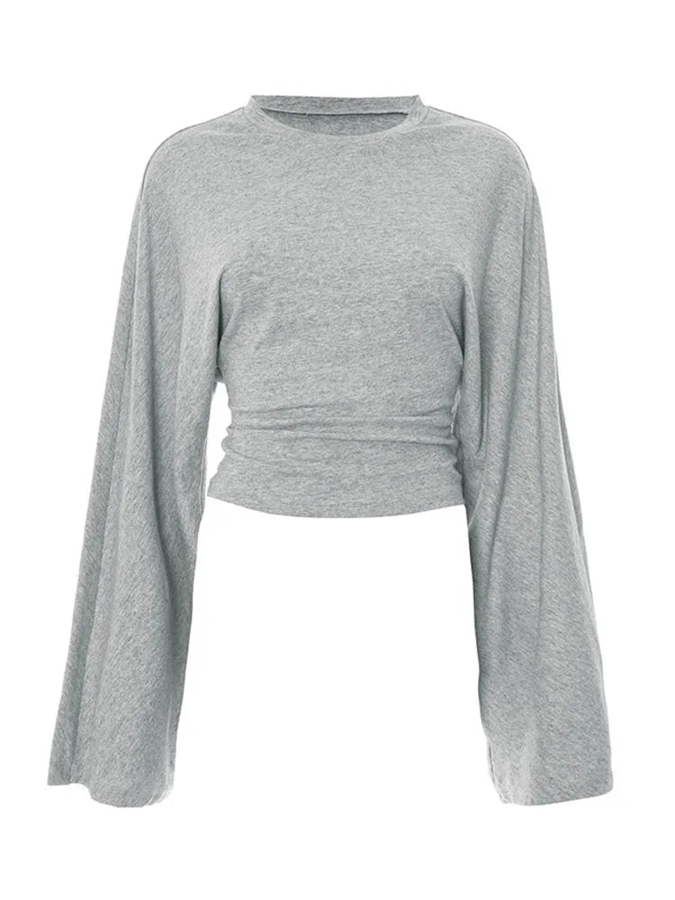 Women Long Sleeve Crop Top O Neck Skinny Y2K Streetwear T Shirt