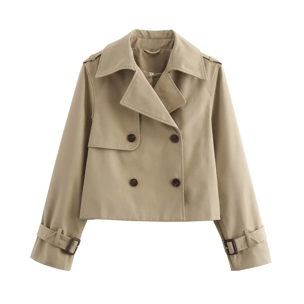 Women Cropped Trench Coat Vintage Double Breasted Long Sleeve Streetwear Jacket