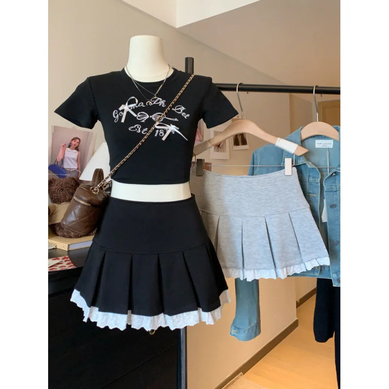 Floral Edge Lace Pleated Skirt A-Line Fashion Versatile Women Skirt New Style