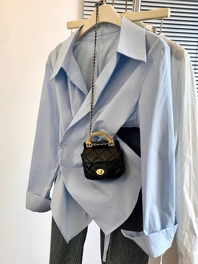 Women Elegant Long Sleeve Polo Shirt Irregular Design Workwear Tunic Top Blouse