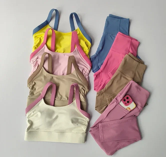 Women’s Color Block Cross Back Sports Bra and High Waist Yoga Leggings Set