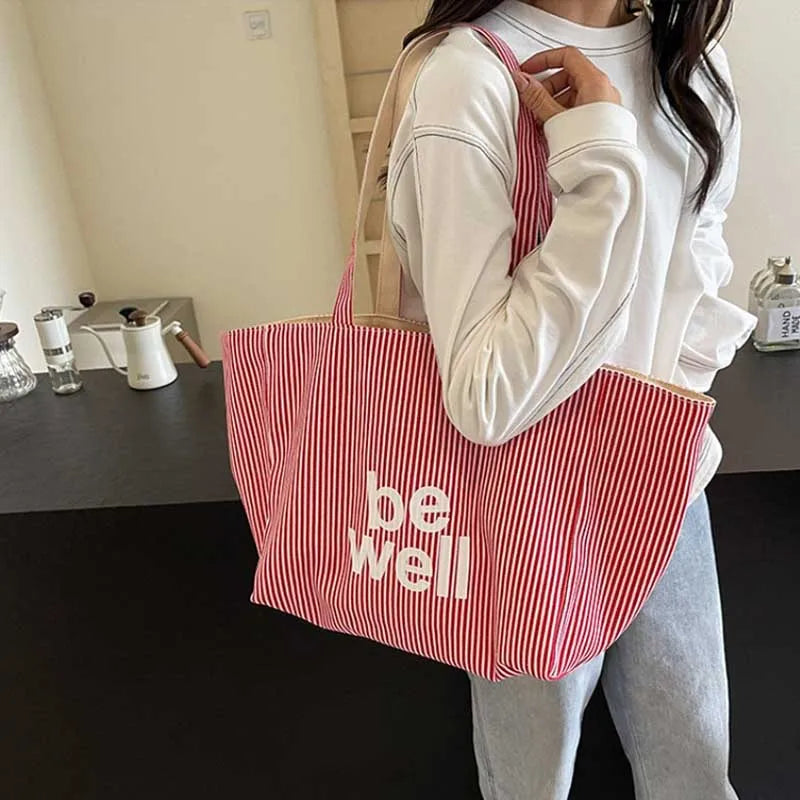 Women Striped Canvas Tote Bag Large Capacity Shoulder Bag