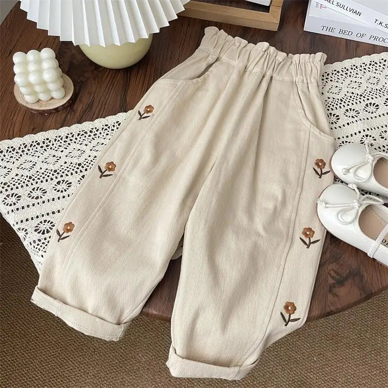 Girls Flower Embroidery Cotton Pants Elastic Waist Casual Trousers 2–6T