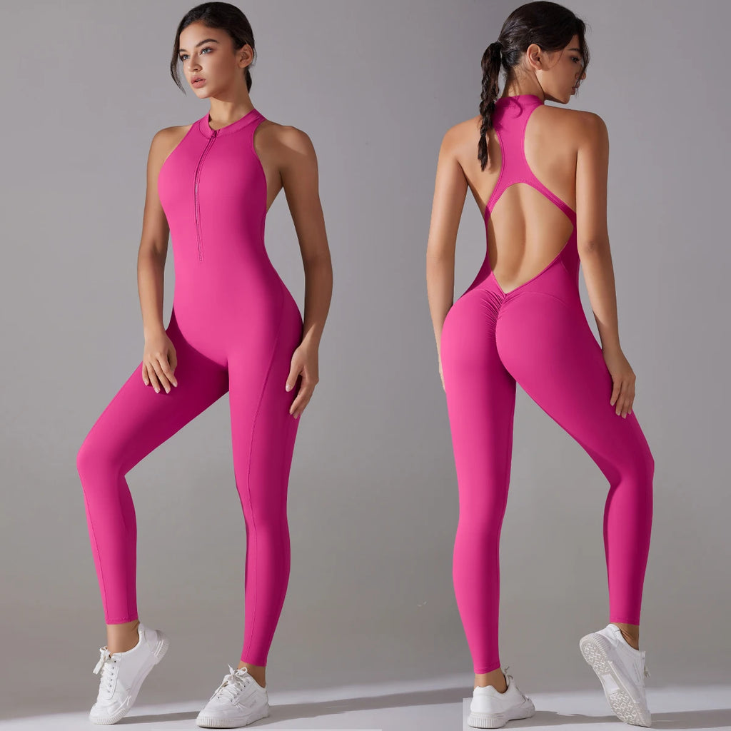 Women Backless Scrunch Gym Jumpsuit Zipper Fitness Yoga Bodysuit Sportswear