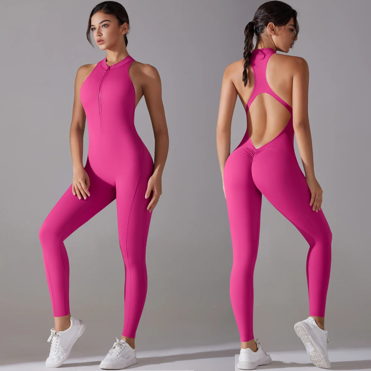 Women Backless Scrunch Gym Jumpsuit Zipper Fitness Yoga Bodysuit Sportswear