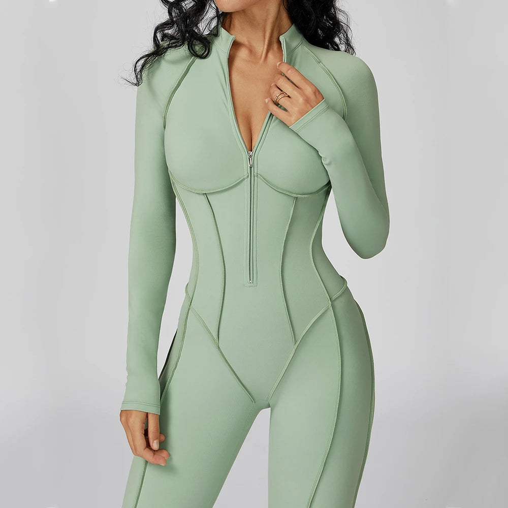 Women Long Sleeve Zip Front Fitness Jumpsuit Body Shaping One Piece Workout Suit