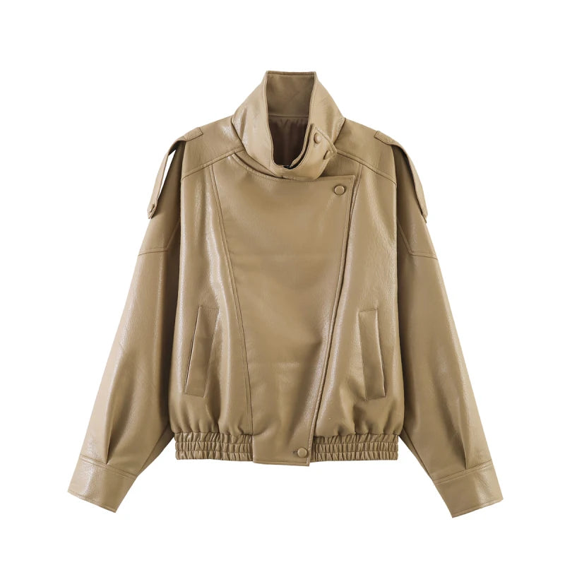 Women Faux Leather Zip Up Jacket Casual Long Sleeve PU Coat Streetwear
