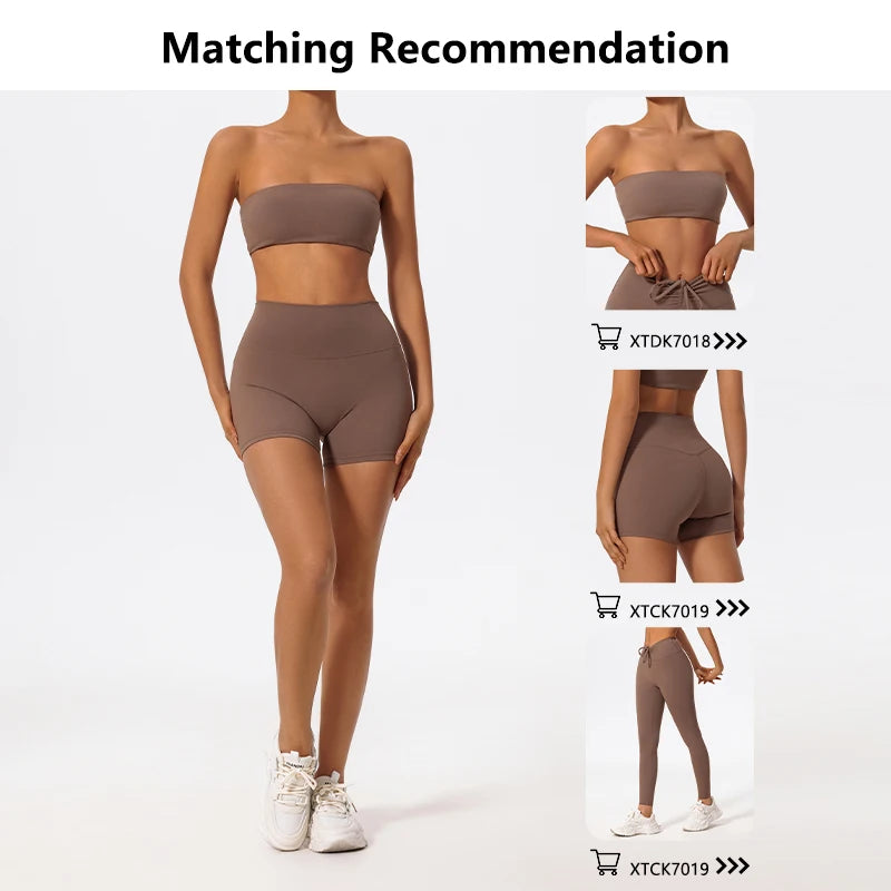 Strapless Gym Set Women Seamless Bandeau Sports Bra High Waist Shorts Workout Outfit