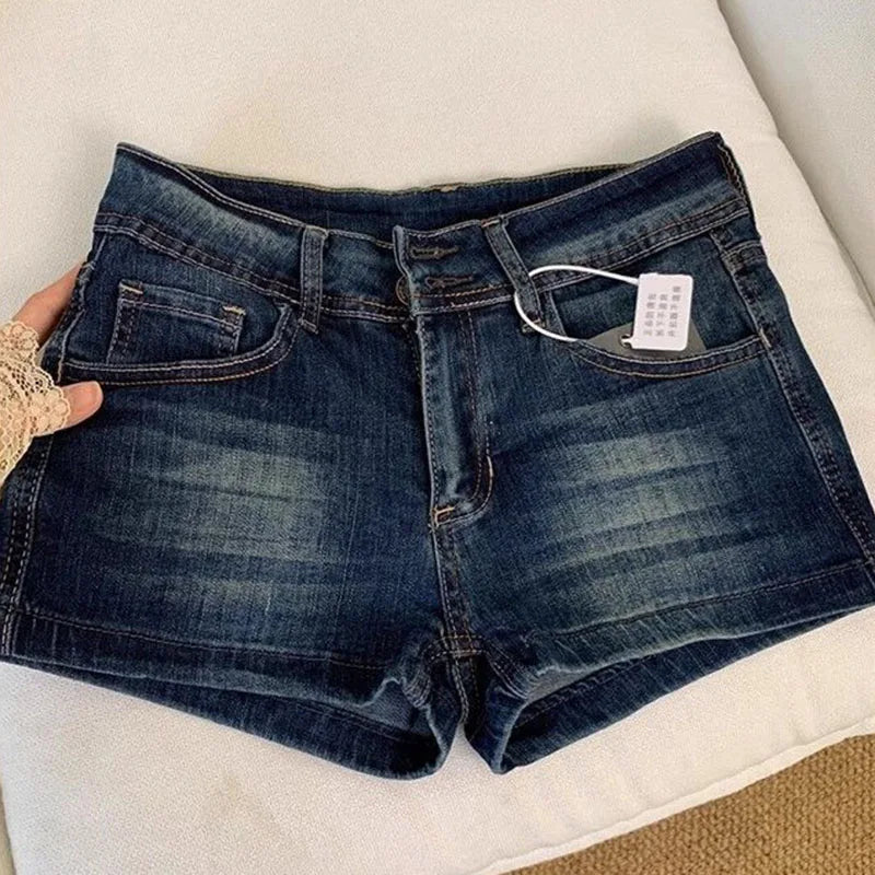 Women Y2K Low Waisted Denim Shorts Skinny Elastic Vintage Summer Hot Pants