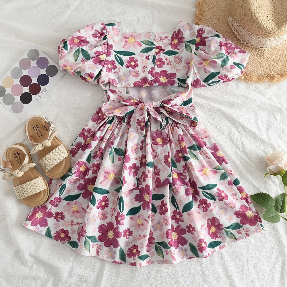 Girls Rose Pink Plaid Bow Midi Dress Princess Party Sundress