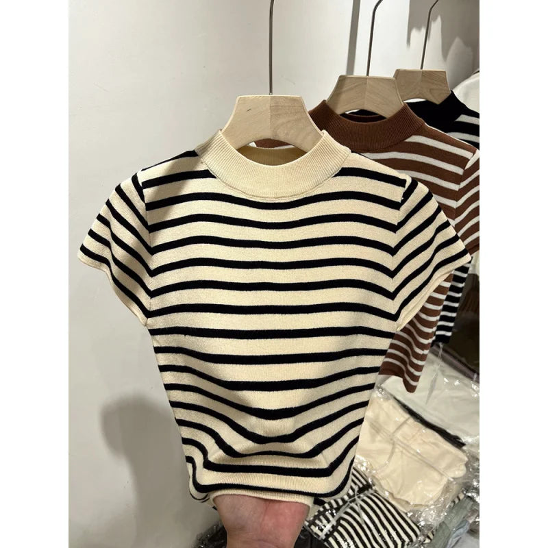 Women Half Turtleneck Striped Knit Top Slim Fit Short Sleeve Sweater