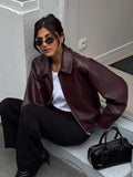 Women Wine Red Faux Leather Short Jacket Lapel Zipper Long Sleeve Retro Autumn Coat