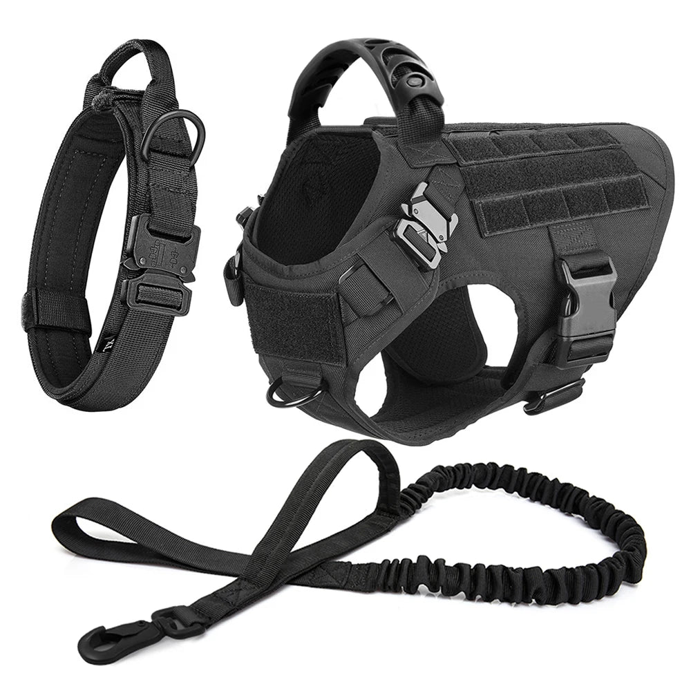 Large Dog Harness Collar Leash Set with Molle Pouches for Training Walking
