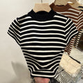 Women Half Turtleneck Striped Knit Top Slim Fit Short Sleeve Sweater
