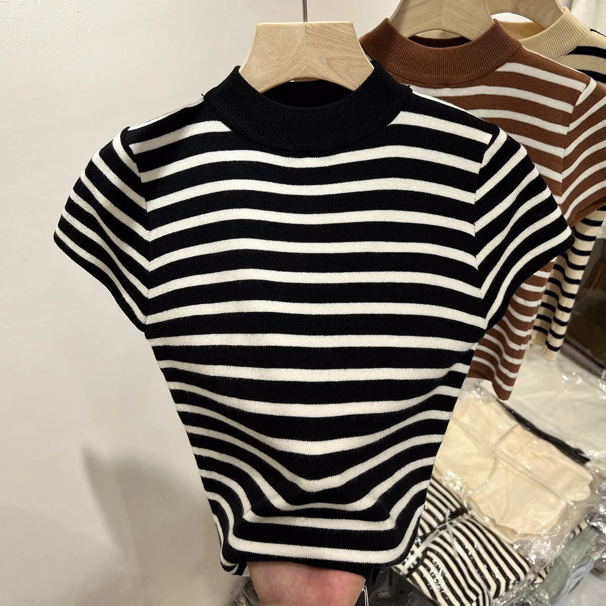 Women Half Turtleneck Striped Knit Top Slim Fit Short Sleeve Sweater