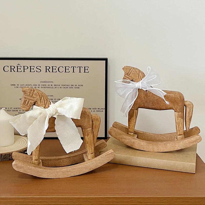 Hand Carved Wooden Rocking Horse Desktop Decoration Ornament