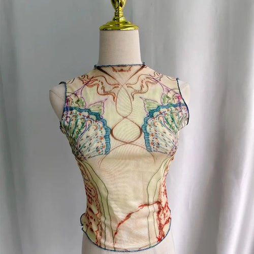 Y2K Mesh Print Crop Tank Top for Women Slim Fit Cami