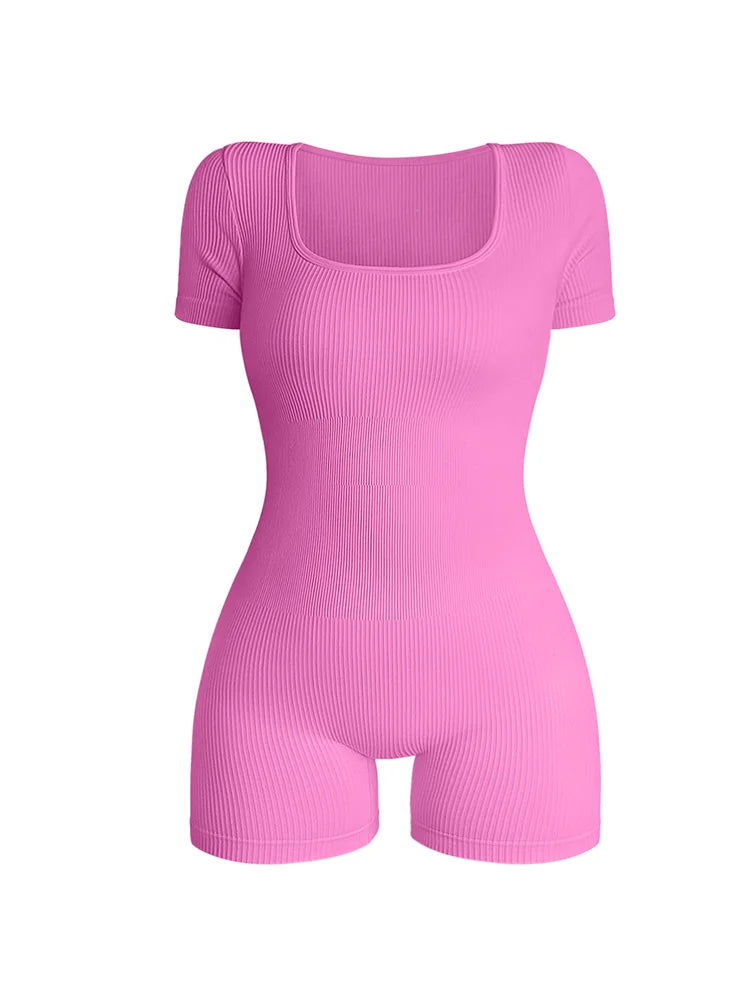 Women Square Neck Bodycon Jumpsuit High Waist Short Sleeve One Piece Outfit