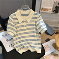Women Striped Polo Knit T Shirt Short Sleeve Slim Fit Top