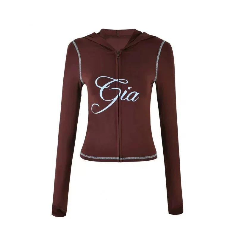 Women Zip Up Long Sleeve Spring Top with Low Waist Flared Pants Two Piece Outfit