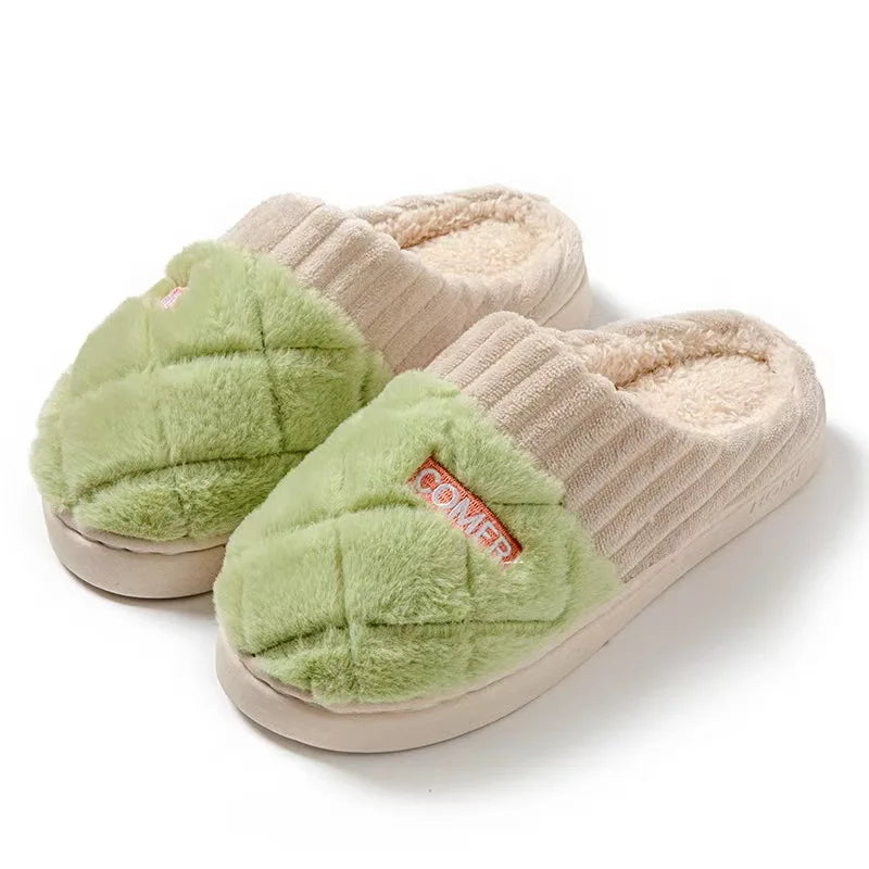 Quilted Plush Slippers Women Cozy Winter Soft Indoor Anti Slip House Shoes