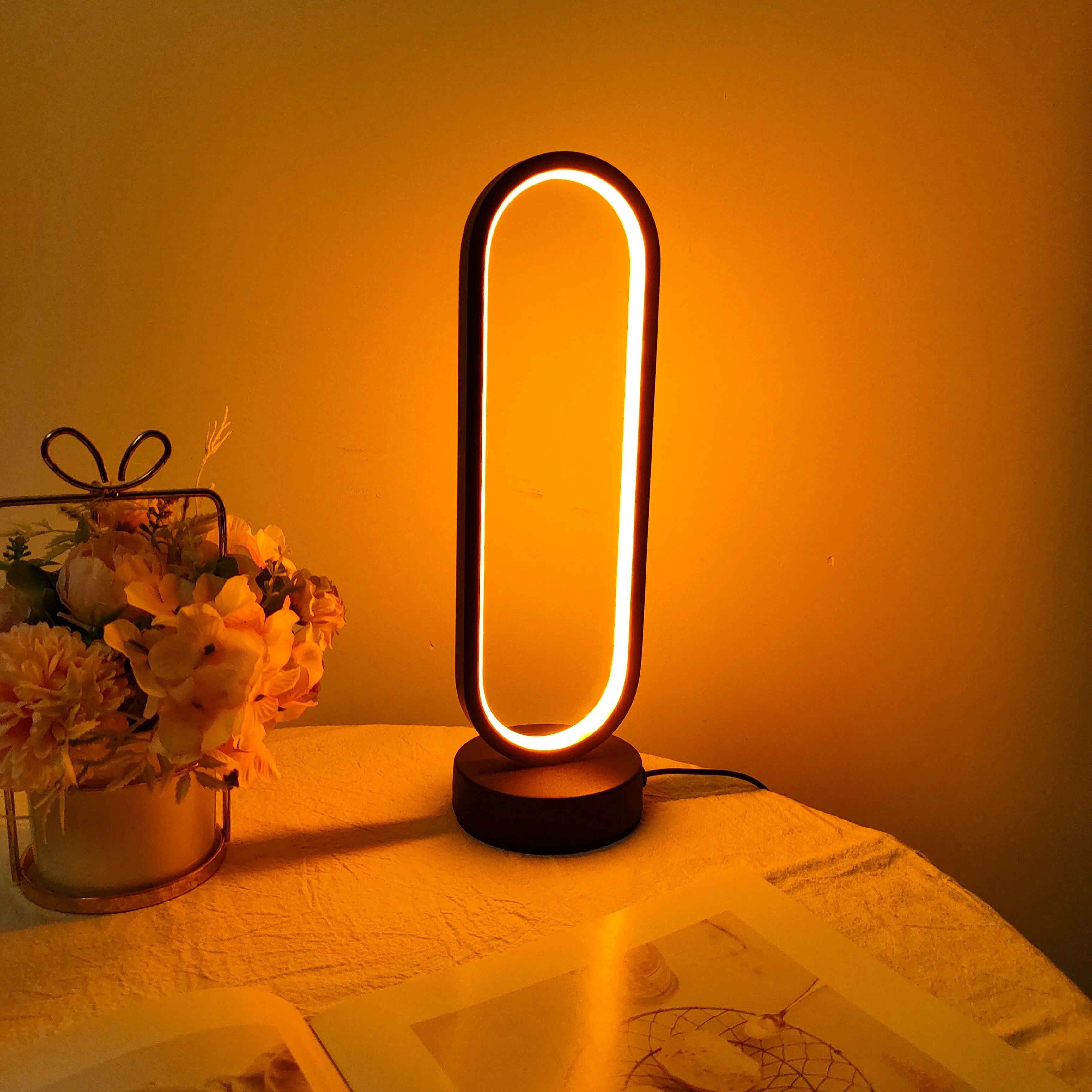 LED Ring Table Lamp 3 Color Dimmable Bedside Night Light for Bedroom Living Room